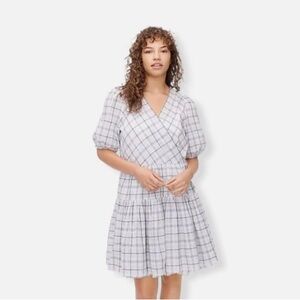 J. Crew Puffed-Sleeve Cotton Volleyball Wrap Dress In Oyster Plaid